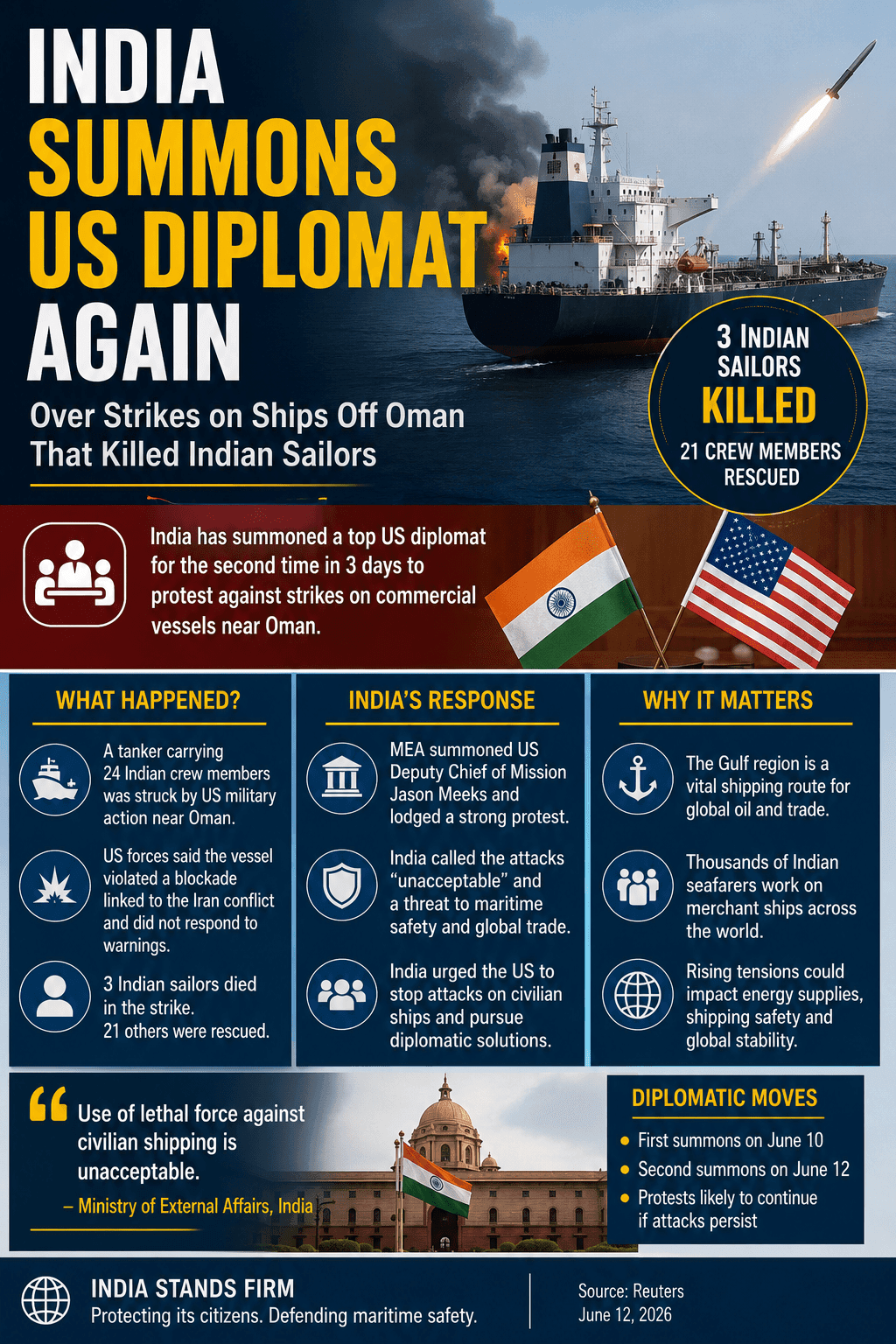 India US diplomat ship strikes